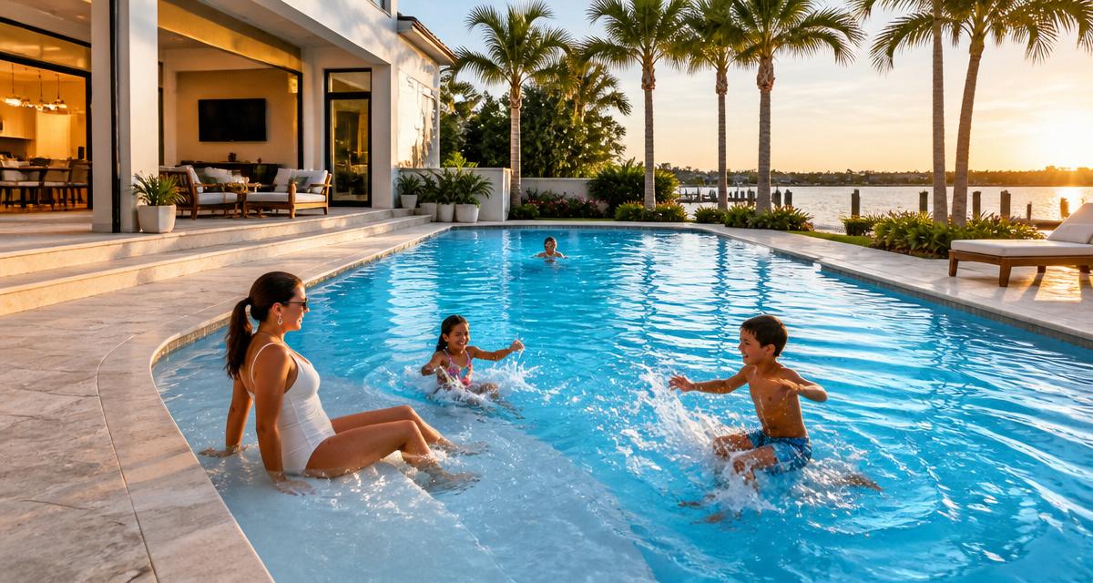 A family enjoying a custom fiberglass pool in a Florida backyard at sunset, with a sun shelf, travertine deck, and palm trees overlooking the water. This is the lifestyle your T4 pool package is built for — from choosing the shell and gelcoat color to adding heat and automation.