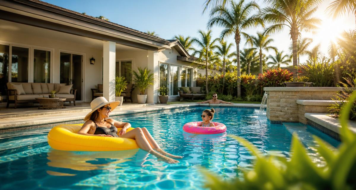 Family relaxing in a completed fiberglass pool